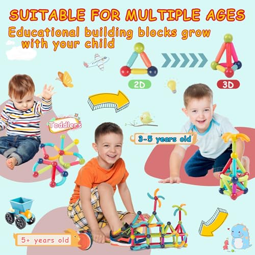 Titrot Magnetic Blocks Kids Toys, Large Magnetic Building Sticks STEM Educational Sensory Toy Preschool Learning Montessori Toys for Toddlers Boys Girls Ages 3-8 with 1 Car