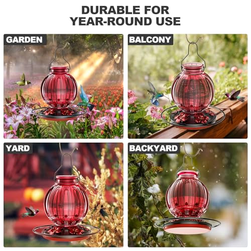 2 Pack Glass Hummingbird Feeder for Outdoors Hanging, Bird Nectar Feeder with Perch & 5 Flower Feeding Ports, 26 Oz Leak Proof for Outside Garden Decor Backyard, Gifts for Women Mom, Green Blue