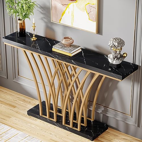 LITTLE TREE Narrow Entryway Console Table,Faux Marble Black+Gold