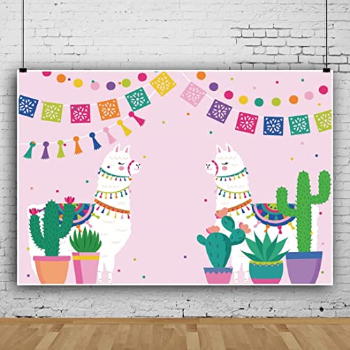 DORCEV 15x10ft Llama Backdrop Cute Alpaca Desert Cactus Colorful Dots Pink Photography Background Mexican Festival Party Supplies Girl Birthday Party Cake Table Banner Mexican Photo Booth Props