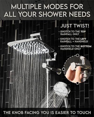 Veken High Pressure Rain Shower Head Combo with Extension Arm- Easy to Install Wide Rainfall Showerhead with 3 Water Spray Modes – Adjustable Dual Showerhead with Anti-Clog Nozzles