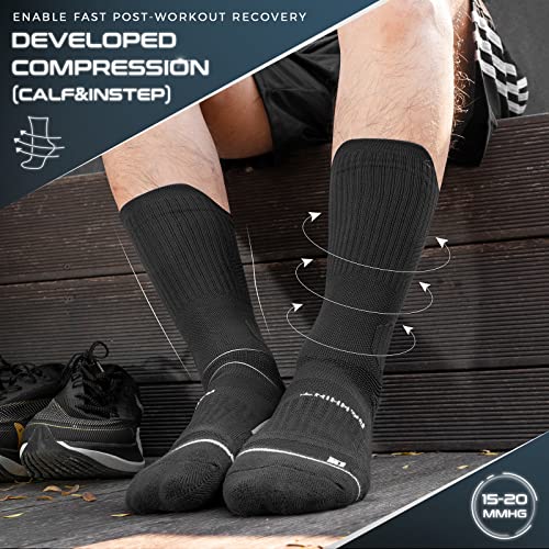 Compression Running Socks 3 Pairs, Cushion Crew Socks, Anti-Blister Moisture Wicking Athletic Hiking Basketball Socks