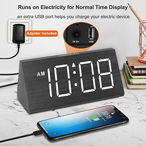 DreamSky Wooden Digital Alarm Clocks for Bedrooms - Electric Desk Clock with Large Numbers, USB Port, Battery Backup Alarm, Adjustable Volume, Dimmer, Snooze, DST, 12/24H, Wood Décor (Black)