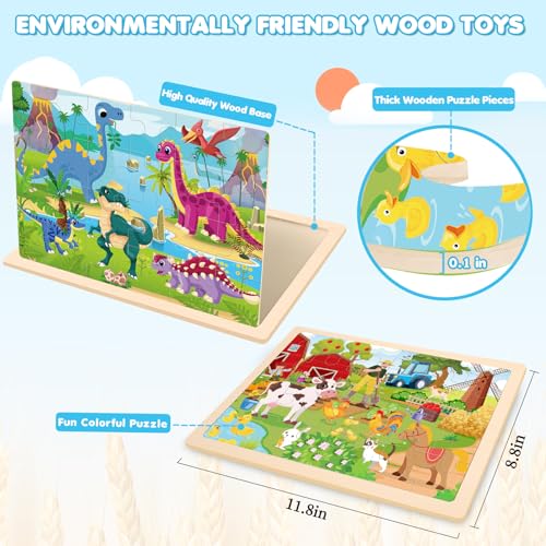 Wooden Animals Puzzles for Kids Age 3 4 5 Year Old, 4 Pack 24 Pcs Montessori Toddler Jigsaw Puzzles for Girl boy Activities Preschool Learning Educational Birthday Gift Travel Autistic Wooden Toys