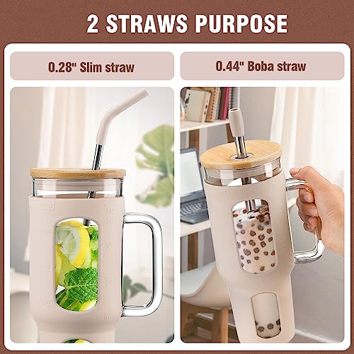 WINSA Glass Tumbler with Lid and Straw, 46 oz Iced Coffee Cup with Handle, Glass Water Bottles with Silicone Sleeve, Glass Cup with Straws - Pearl Straw & Drinking Straw BPA Free-Amber