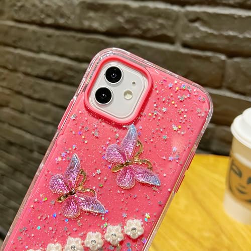 Puxicu Bling Glitter Case for iPhone 14 Pro Case 6.1" for Women Girls, Pretty Butterfly Flash Diamond Relief Pattern, Sparkling Powder Decoration, 3 in 1 Heavy Duty Shockproof Protection, Blue