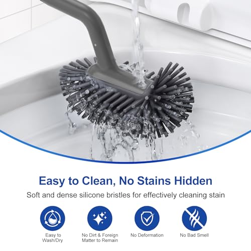 HAMITOR Toilet Bowl Brush Holder Set: Deep Cleaning Silicone Toilet Cleaner Scrubber Under Rim with Curved Bristle for Bathroom Dead Corner Clean - Modern Rv Toilet Decorative Accessories - Gray