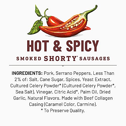 Duke's Pork Hot & Spicy Smoked Shorty Sausages, 7g Protein Per Serving, 5 oz. (Pack of 8)