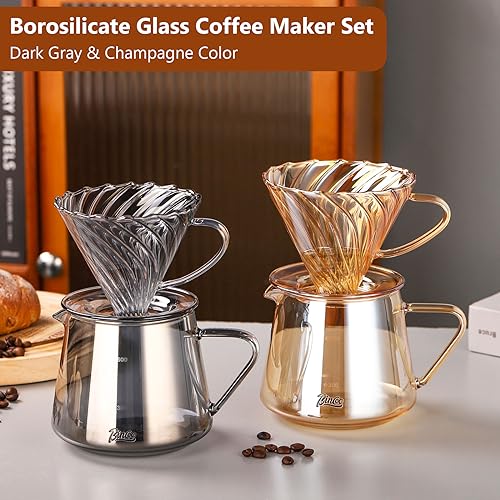 Bincoo Glass Coffee Server Set 600ml- Glass Pour Over Coffee Maker Set with Dripper, V60 Coffee Pot with 50 Count Paper Filter for Home and Office (Champagne)