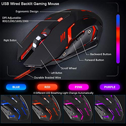 RGB 87 Keys Gaming Keyboard and Backlit Mouse Combo,BlueFinger USB Wired Rainbow Keyboard,Gaming Keyboard Set for Laptop PC Computer Game and Work
