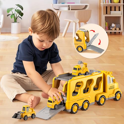 TEMI Construction Truck Boy Toys for 3-5 Year Old Toddlers - Toys for 3 4 5 6 7 Years Old Engineering Transport Vehicle Carrier Truck, Kids Excavator Crane Gift Toys for Boys & Girls Aged 4-6