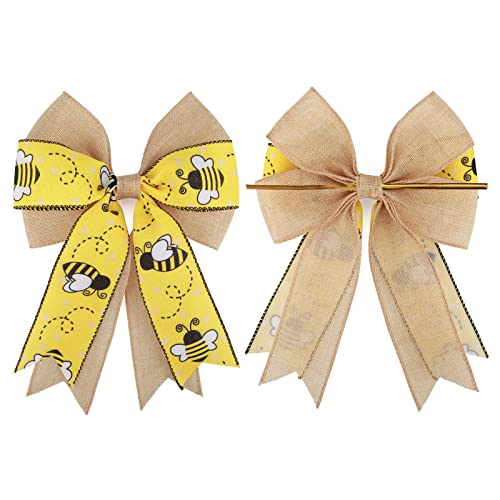 Meseey 2 Pcs Large Bumble Bee Burlap Bow 10.8 x 8.8 Inch Yellow Black Bee Craft Decoration Bow for Baby Shower Party Holiday Gift Wrapping Basket Ornaments Bunting DIY Crafts (Bee))