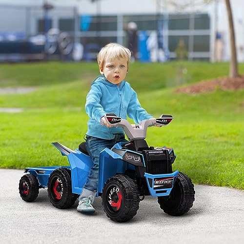 Aosom Kids ATV Quad Car with Back Trailer, 6V Electric Ride On Car with Forward Backward Function, Wear-Resistant Wheels, Ride on Toy for Toddlers Ages 18-36 Months, Blue