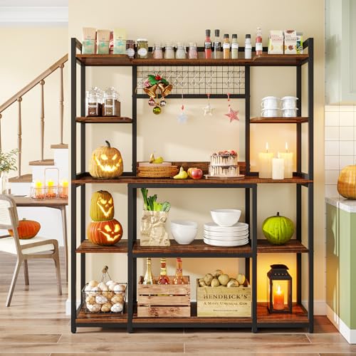 LITTLE TREE 5 Tiers Bakers Rack, 70" Kitchen Hutch Microwave Stand with 11 Hooks, 55" Extra Wide Kitchen Storage Shelf Rack, Wood Baker’s Rack with Hutch for Kitchen, Brown