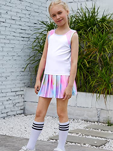 MODAFANS Girls Long Sleeve Tennis Golf Dress Athletic Outfit Kids Tie dye Tank Top and Skorts Sets Sports Skirt with Shorts 4-5 Years,Black Marble