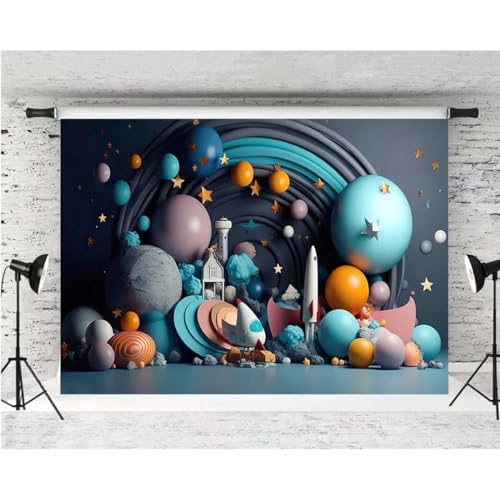 Photography Background Outer Space Universe Galaxy Stars Balloons Birthday Backdrop Universe Planet Star Galaxy Astronaut Rocket Kids Birthday Party Decoration Boy Portrait Background (Blue, 5 * 3FT)