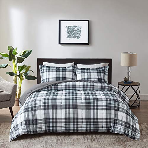 Madison Park Essentials Parkston Plaid Comforter, Matching Sham, 3M Scotchguard Stain Release Cover, Hypoallergenic All Season Bedding-Set, Twin/TwinXL, Black, 2 Piece