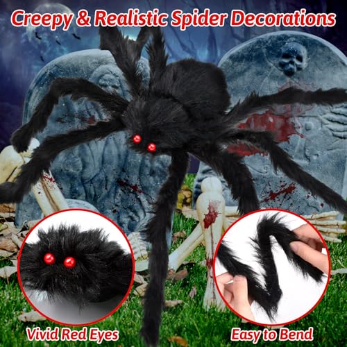 EZIGO Halloween Spider Decorations 3PCS Giant Spider Huge Spider Web Stretch Web Component of Huge Spider and Mega Spider Web Halloween Party Supplies Yard Halloween Outdoor Décor Haunted Decoration