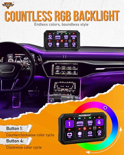 Auxbeam 8 Gang Switch Panel RB80 XL 5 Inch RGB Switch Pod Toggle Momentary Pulsed 12-24V Led Switch Panel Auxiliary Circuit Control Relay System for Truck Car Offroad UTV Waterproof 2 Years Warranty