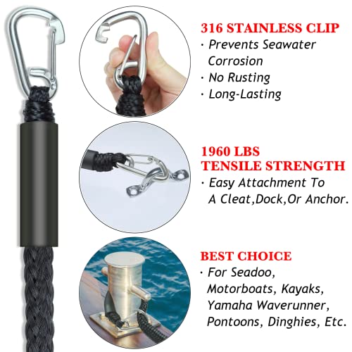 2PCS Fender Lines 2 Feet Premium Bungee Boat Lines with 316 Stainless Clip for Boat Bumper/Boat Fender Boat Accessories for Mooring for Jet Ski, SeaDoo, Yamaha WaveRunner Dinghy (Black, 2 Feet)