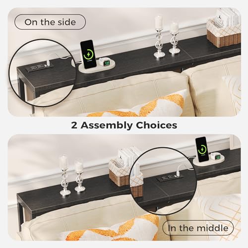 SUPERJARE Console Table with Outlet, 63 Inch Sofa Table with Charging Station, Narrow Entryway Table, Skinny Hallway Table, Behind Couch Table, for Living Room, Plants, Black