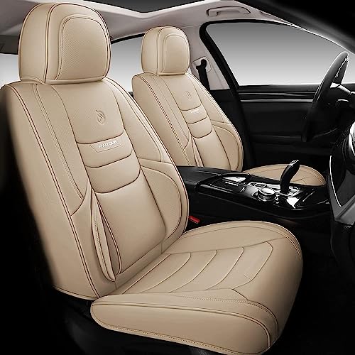 HAITOUR Full Coverage Leather Car Seat Covers Full Set Universal Fit for Most Cars Sedans Trucks SUVs with Waterproof Leatherette in Automotive Seat Cover Accessories (Full Set, Beige)