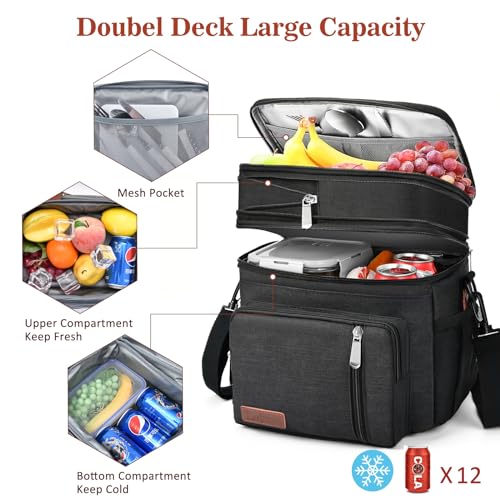 LOKASS Lunch Bag & Lunch Box for Men Women - Double Deck Expandable Insulated Waterproof Leakproof Cooler Bag for Work/Picnic - Grey