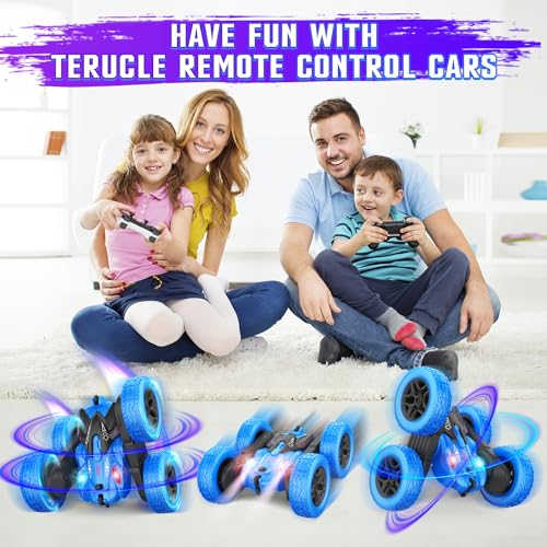 Terucle Remote Control Car, Rc Cars Stunt RC Car Toys New Upgraded Strip Lights and Headlights Car Toys Double-Sided 360° Rotating 4WD Rc Drift Truck for Boys Girls Birthday Gift (Blue)