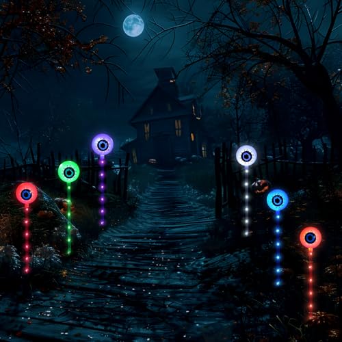 6 Pack Solar Halloween Lights,Eyeball Garden Stake Lights Outdoor Halloween Decorations,8 Modes Waterproof Pathway Lights for Yard Lawn Patio Walkway Party Decor (Purple)