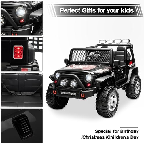 SEHOMY Kids Ride On Truck with Remote, 12V Battery Powered Electric Car for Kids - Two Seater with one Belt, Spring Suspension, LED Lights, Safety Belt, Music, 4 Wheels Kids Electric Vehicles Black
