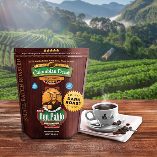 Don Pablo Colombian Decaf - Swiss Water Process Decaffeinated - Medium-Dark Roast Gourmet Coffee - 100% Arabica Whole Bean, Non-GMO, Low Acidity, 907g (2LB) Bag