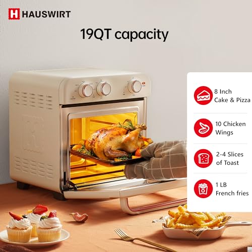 HAUSWIRT Air Fryer Toaster Oven Combo K3, Retro Convection Oven Countertop,19QT 4-slices or 10" Pizza, Bake Toast Broil Air Fry, 1250W Rapid Heating, 140°F - 450°F, Non-Stick, White