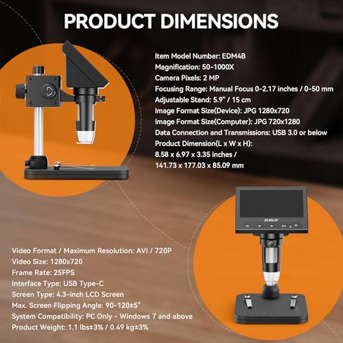 Elikliv Coin Microscope, 4.3'' LCD Digital Microscope 1000x, Coin Magnifier with 8 Adjustable LED Lights, PC View Compatible with Windows/Mac, EDM4B, Black