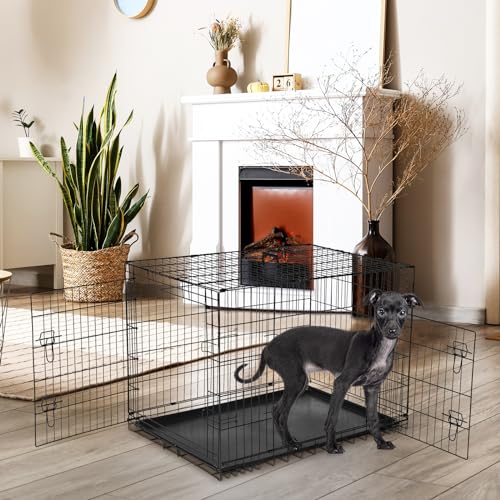 DUMOS Dog Crate, 24 Inch Small Double Door Dog Cage with Divider Panel and Plastic Leak-Proof Pan Tray, Folding Metal Wire Pet Kennel for Indoor, Outdoor, Travel