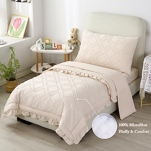ZRNBAST Pink Toddler Bedding Set for Girls with Ruffle, Cozy Blush Tufted Toddler Bed Set 4-Piece Embroidery Shabby Toddler Comforter Set Include Comforter, Pillowcase, Flat Sheet, Fitted Sheet