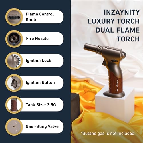 Dual Flame Butane Torch - Refillable Handheld Blow Torch for Cooking, Soldering, & Resin Art w/Adjustable Flame & Ignition Lock - Kitchen Blow Torch & Luxurious Gift Box by inZaynity - Brown Steel
