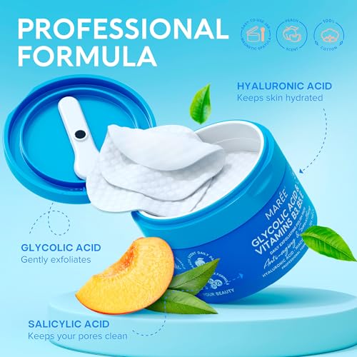 MAREE Glycolic Acid Pads - Toner Pads for Face Cleansing With Tea Tree Oil - Exfoliating Pads with Salicylic Acid & Vitamins E, B3, B5 - Face Pads Facial Peel & Radiance Deep Cleaning Effect - 50 Pads