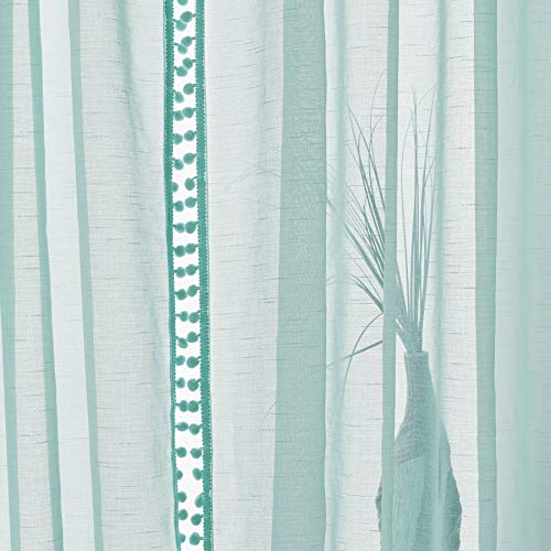 Treatmentex Pompom Sheer Yellow Curtains for Living Room Bedroom Nursery Room 72 inch Long Linen Texture Curtain Drapes for Kids Room 2 Panels Rod Pocket