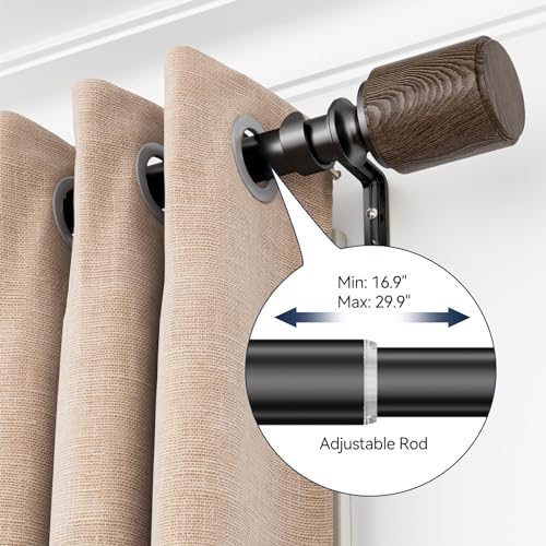 Heavy Duty Curtain Rods for Windows 32 to 56 Inches, 1 Inch Diameter Curtain Rod Set with Easy Installation, Adjustable Length Drapery Rods with Wood Finials (Black)