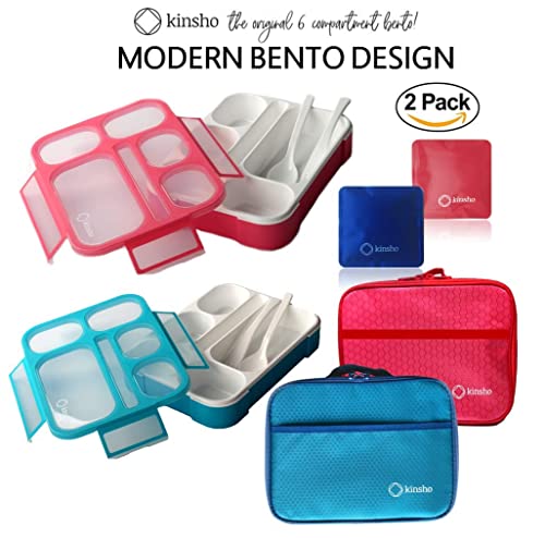 Bento Lunch Boxes with Bags Ice Packs | Bento-Box Insulated Bag Ice Cold Pack Set of Two for Kids Adults | Value Container Set for School Kid Lunches, 6 Compartments Leakproof BPA Free, Blue & Pink