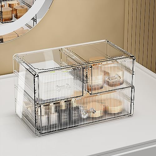 ZHIAI Stackable Storage Drawers, Acrylic Bathroom Counter Organizer Clear Makeup Organizers for Vanity, Kitchen Cabinets, Bathroom, Undersink, Home Organization and Storage (3 Drawers, Pattern A)