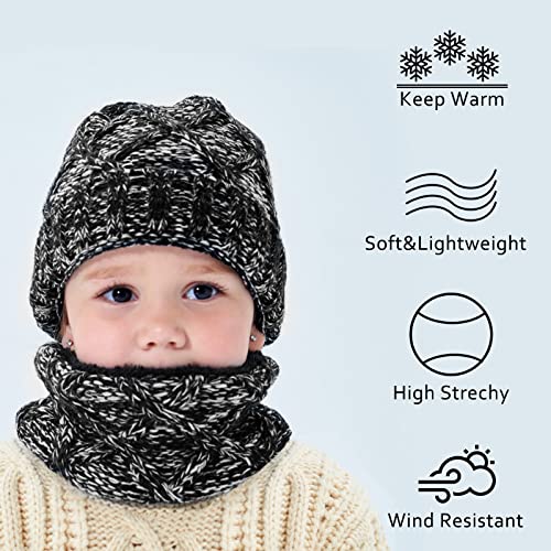 Hicdaw 2 Pcs Kids Winter Hat Scarf Set Beanie Hat Toddler Hat Scarf Warm Knit Fleece Lined Thermal Set for Boys Girls