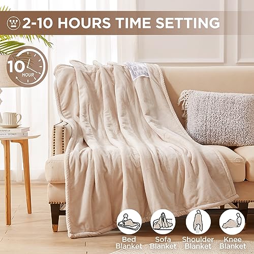 Westinghouse Heated Blanket Throw, Electric Throw with 6 Heating Levels, 2-10 Hours Time Settings, Overheat Protection, Machine Washable, Flannel (Throw, 50x60 Inches, Beige)