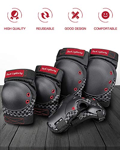 Dark Lightning Adult/Youth/Junior Knee Pads Elbow Pads Wrist Guards 3 in 1 Protective Gear, for Skateboard,Roller Skate,Inline,Cycling,MTB Bike,Scooter