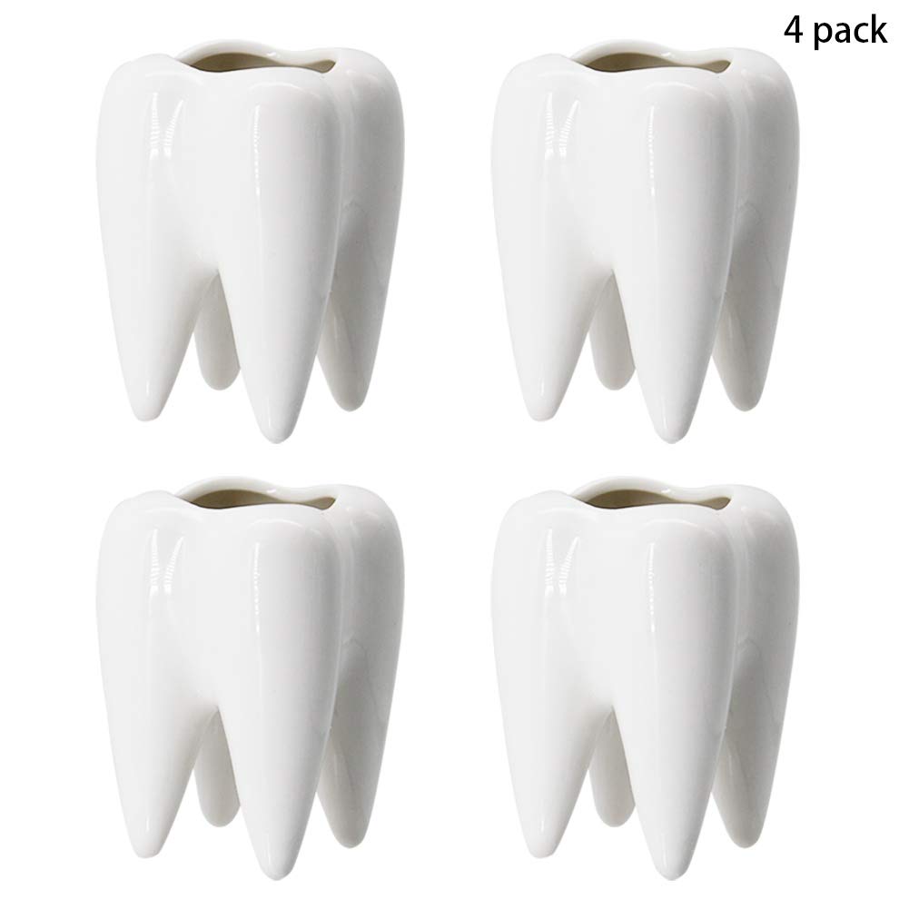 YOFIT Modern Style Teeth Pots Ceramic Flower Pot for Dental Gifts, White Succulent Cactus Bonsai Planter Container for Dental Office Decor, 3.7" Set of 4