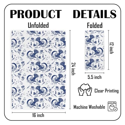 Yorhifa Chinoiserie Blue and White Bird Kitchen Towels, Blue White Floral Birds Decorative Dish Hand Tea Towels for Kitchen Decor, Blue and White Chinoiserie Bird Decor for Bathroom Kitchen,16x24inch