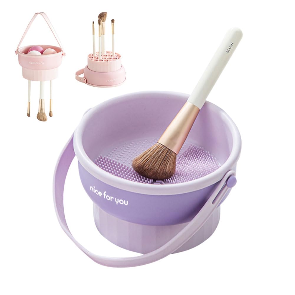 Makeup Brush Cleaning Set Brush Cleaner Dyer Holder 3 in 1 Portable Cleaning Tool for Brushes, Powder Puffs, and Sponges with Bowl, Holder & Mat(purple)