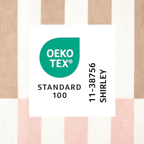 TOWN & COUNTRY PLAY Adeline Offset Stripe Cotton-Rich Breathable Fabric Shower Curtain with Anti-Rust Grommets, Pink/Beige/Yellow, 70"x72"