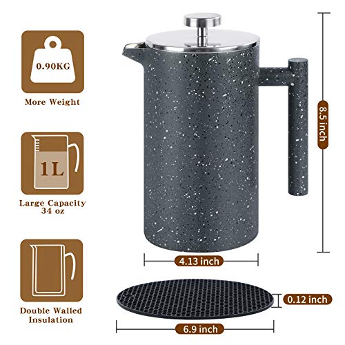 BAZZEFF French Press Coffee Maker 34oz with Double-Insulated Stainless Steel Large Metal Coffee Press with 3 Layer Filtration System for Ultimate Coffee Tea Brewing in Travel Camping or Home