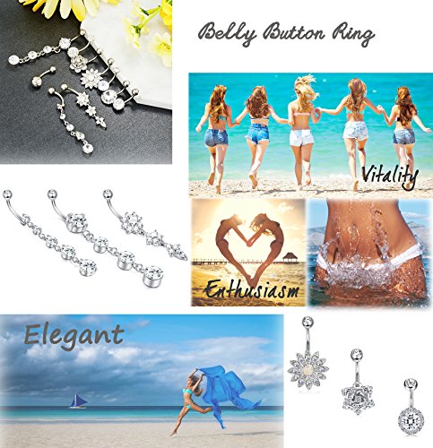 JOERICA 3Pcs 14G 316L Stainless Steel Belly Button Rings for Women Flower CZ Dangle Belly Button Rings Navel Piercing Jewelry